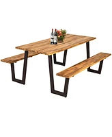 Gymax Patented Picnic Table Bench Set Outdoor Camping Wooden 2 Built-in Benches w/Umbrella Hole