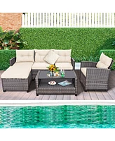 Sugift 4 Pieces Patio Rattan Furniture Set with Cushion and Table Shelf