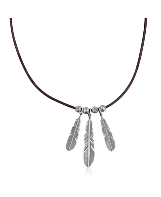 American West Jewelry Sterling Silver Triple Feather and Leather Necklace, 17 Inches