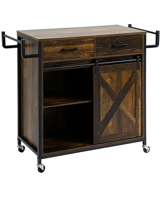 Homcom Industrial Kitchen Cart, Rolling Kitchen Island with Adjustable Shelf, Two Drawers, Sliding Barn Door Cabinet and Towel Rack, Rustic Brown