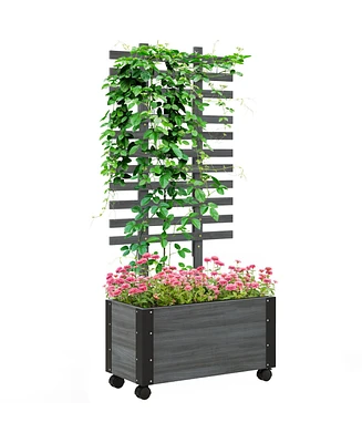 Outsunny Raised Garden Bed, Wooden Planter with Trellis, and Wheels,