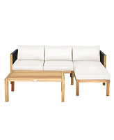 Sugift 3 Pieces Patio Acacia Wood Sofa Conversation Sets with Nylon Rope Armrest