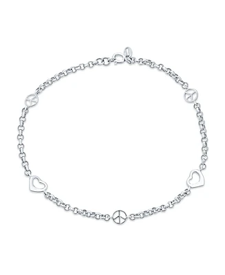 Bling Jewelry Peace Sign Love Open Interlocking Hearts Anklet Ankle Bracelet For Women Sterling Silver Adjustable 9 To 10 Inch