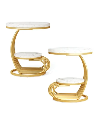 Tribesigns Gold Round End Table: 2 Tiers Side Table Set of 2 with Storage Shelf, Modern White Gold Bedside Nightstand, Metal Faux Marble Accent Table