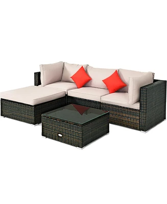 Gymax 5PCS Rattan Sectional Sofa Set Patio Furniture Set w/ Beige Cushion Pillow