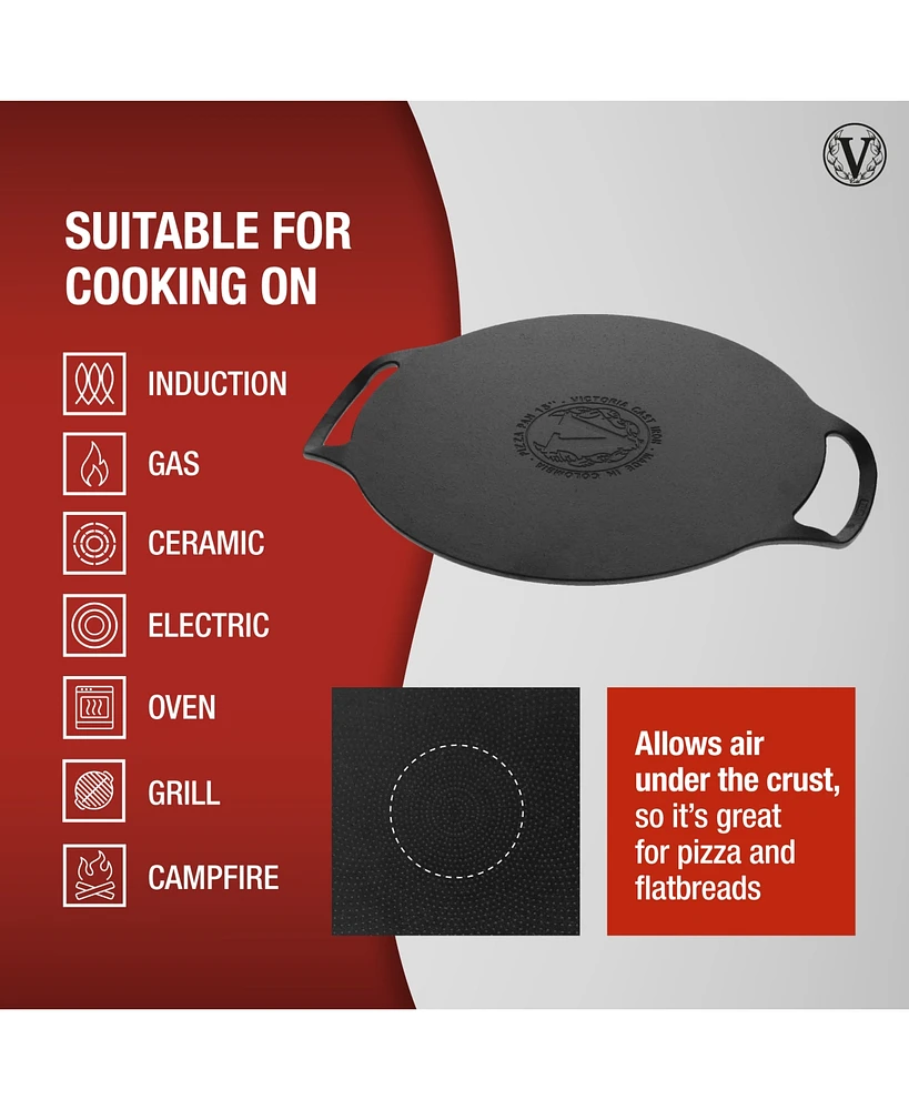 Victoria 15-Inch Cast Iron Preseasoned Comal Pizza Pan with 2 Side Handles