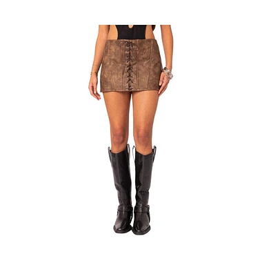 Edikted Women's Ainsley Lace Up Faux Leather Mini Skirt - Brown