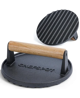 Chefspot Preseasoned Cast Iron Round Grill Press - Rigged Surface - Great for Smash Burgers, Bacon and Grill Marks