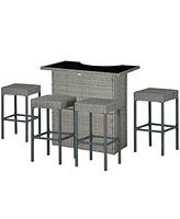 Outsunny 5pc Rattan Wicker Bar Set, High Top Outdoor Table and Chairs, Gray