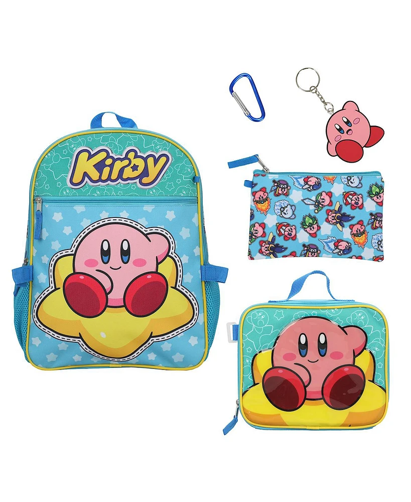 Kirby 5-Piece Set: 16" Backpack, Lunchbox, Utility Case, Rubber Keychain, and Carabiner