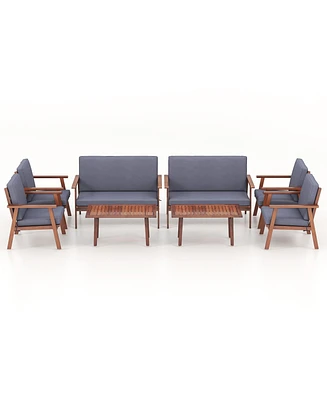 Costway Pcs Patio Conversation Set Acacia Wood Sofa Coffee Table with Cushioned Seat