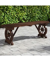 Patio Rustic Wood Bench with Wagon Wheel Base Slatted Seat Design