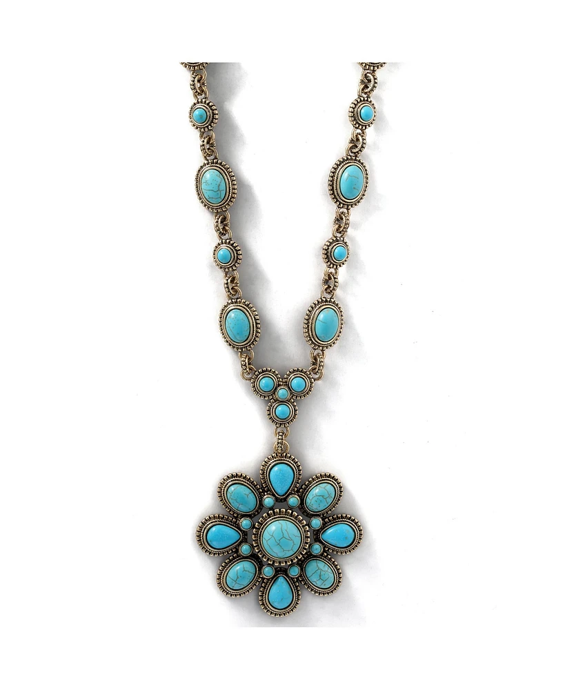 Jessica Simpson Women's Large Turquoise Stone Flower Necklace Silver or Gold Tone