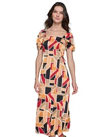 Karl Lagerfeld Paris Women's Geo-Print Square-Neck Puff-Sleeve Maxi Dress