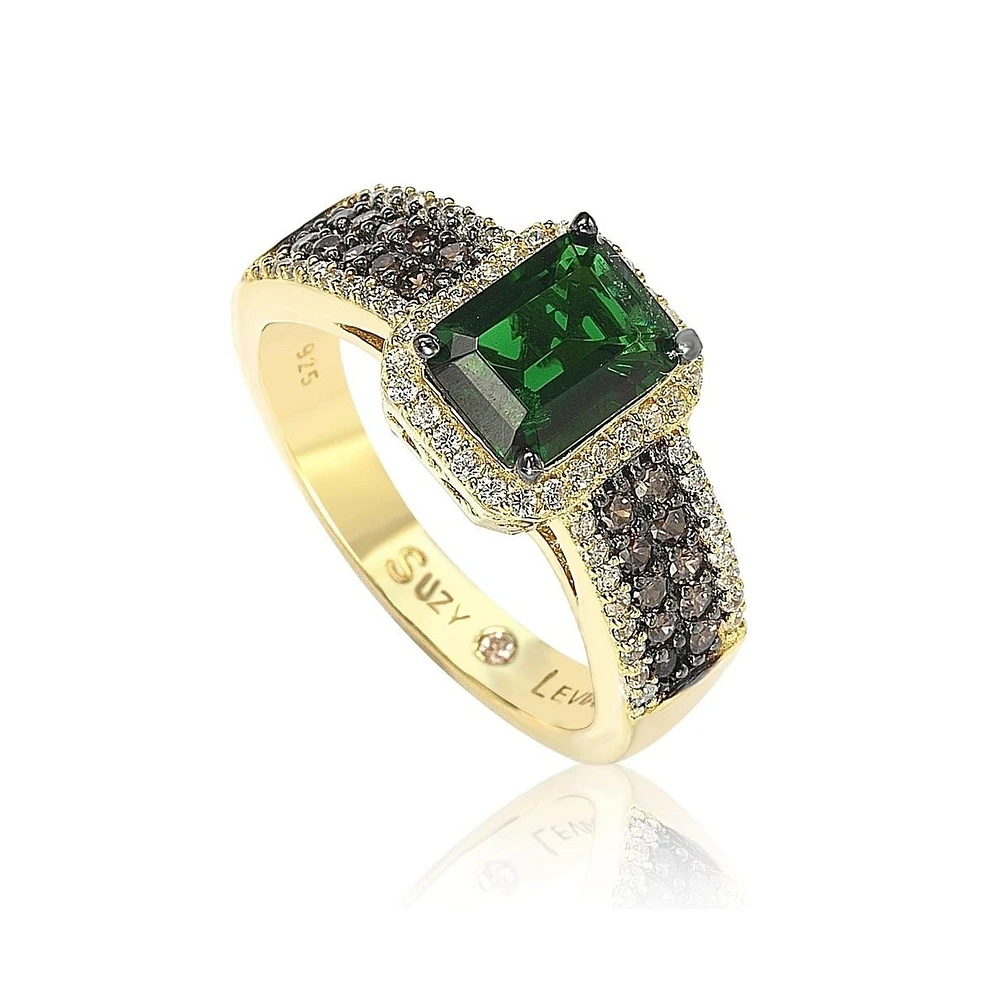 Suzy Levian New York Golden Sterling Silver Emerald-Cut Green and Brown Cubic Zirconia Halo Ring