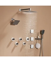 Mondawe 12" Wall Mounted Rainfall Luxury Dual Shower System Set with Handheld Spray, 6 Body Jets & Hanging Rack, Brushed Gold