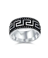 Bling Jewelry Couples Geometric Greek Key Textured Band Ring Black Silver Two Tone Sterling Silver 9MM Wide