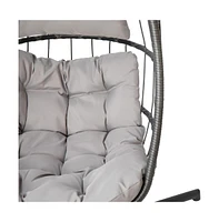 Merrick Lane Riley Foldable Woven Hanging Egg Chair With Removable Cushion And Stand For Indoor Outdoor Use