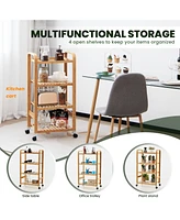 Sugift Bamboo Utility Cart with Storage Shelf and Lockable Casters-4-Tier