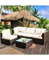 Vebreda 5 Pieces Cushioned Patio Rattan Furniture Set with Glass Table