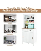 Freestanding Kitchen Pantry with Hutch Sliding Door and Drawer-White