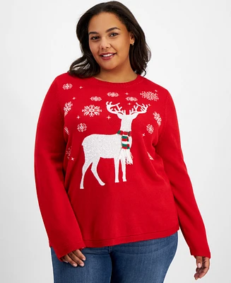 Holiday Lane Plus Reindeer Crewneck Sweater, Created for Macy's