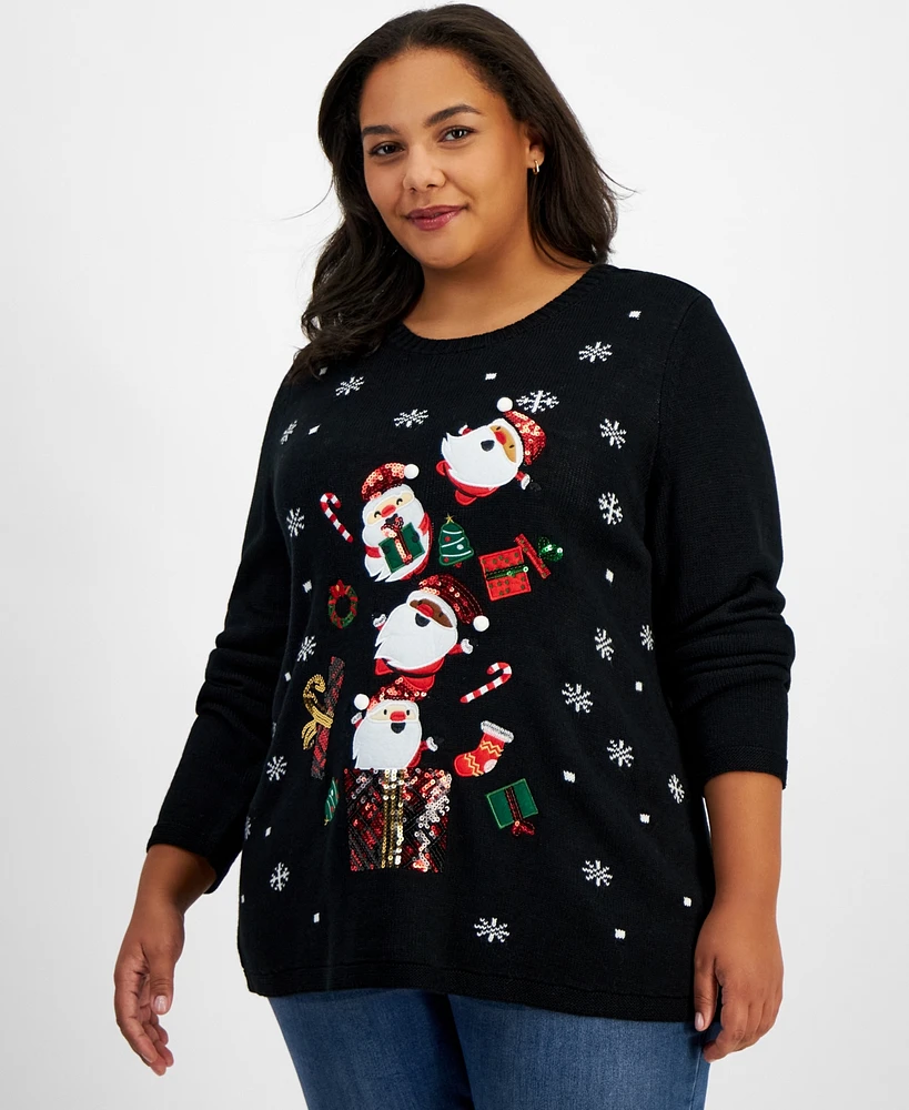 Holiday Lane Plus Santa Embellished Crewneck Sweater, Created for Macy's