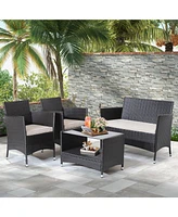 Sugift 4 Pieces Patio Conversation Set with Soft Cushions and Tempered Glass Tabletop