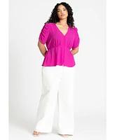 Eloquii Women's Shirred Sleeve Top With Buttons