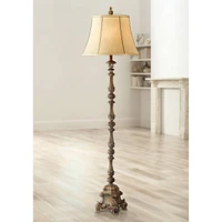 Rustic French Country Traditional Style Floor Lamp Standing 62" Tall Faux Wood Antique Candlestick Beige Silk Fabric Bell Shade Decor for Living Room