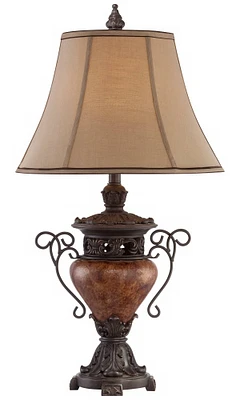 Regency Hill Traditional Style Table Lamp 31.5" Tall Bronze Brown Crackle Iron Metal Urn Faux Silk Bell Fabric Shade Decor for Living Room Bedroom Hou