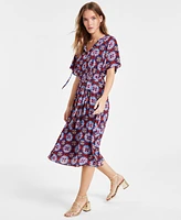 T Tahari Women's Printed Tie-Neck Pleated Midi Dress