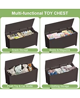 Kids Wooden Toy Box Storage With Safety Hinged Lid For Ages 3+ (Dark Brown)