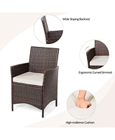 3 Pieces Patio Cushioned Rattan Converstaion Set With Glass Table Top
