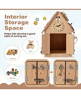 Wooden Busy House Montessori Toy with Sensory Games & Interior Storage Space