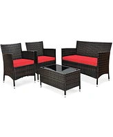 Costway 4PCS Patio Furniture Set Rattan Conversation Set W/ Tempered Glass Coffee Table