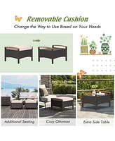 Set of 2 Patio Rattan Ottoman Footrest Cushions Wooden Handle