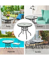 Costway 32'' Patio Round Table Tempered Glass Steel Frame Outdoor Pool Yard Garden