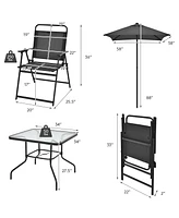 Costway 6PCS Patio Furniture Dining Set Folding Chairs Glass Table W/Umbrella Deck