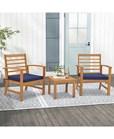 3 Pcs Outdoor Furniture Set Acacia Wood Conversation with Soft Seat Cushions