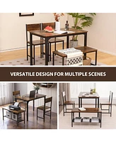 Costway 4pcs Dining Table Set Rustic Desk 2 Chairs & Bench with Storage Rack