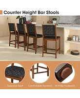 Woven Bar Stools Set of 2 Counter Height Dining Chairs Faux Pu Leather Kitchen