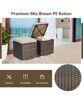 Costway 2PCS Patio Rattan Ottomans Seat Side Table Storage Box Footstool with Cushion