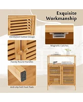 Costway Bamboo Floor Cabinet Bathroom Storage Cabinet Storage Organizer w/ Shutter Doors