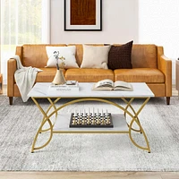 Coffee Table Modern Marble 2-Tier Coffee Table Gold Rectangle