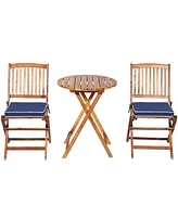 3PCS Patio Folding Wooden Bistro Set Cushioned Chair Conversation Garden