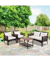 Gymax 4PCS Rattan Patio Furniture Set Acacia Wood Outdoor Conversation Set w/ Cushions