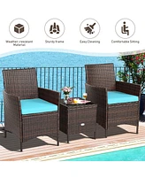 Costway 3PCS Patio Rattan Furniture Set Cushioned Sofa Glass Tabletop Deck