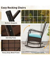 Costway 3 Piece Patio Rocking Set Wicker Rocking Chairs with 2-Tier Coffee Table