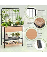 Costway 59" Raised Wooden Garden Bed with Metal Trellis Open Storage Shelves Drain Holes